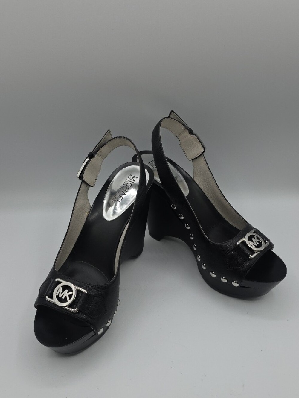 Michael Kors Black Leather Peep-Toe Slingback Platform Heels
